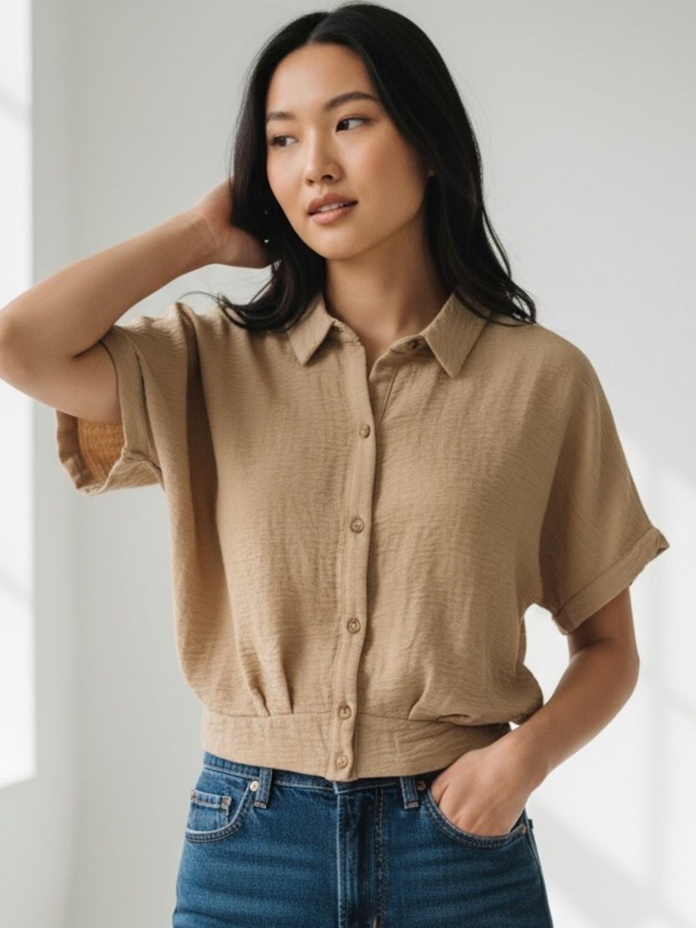 Pie In The Sky Crinkled Button Down Crop Blouse